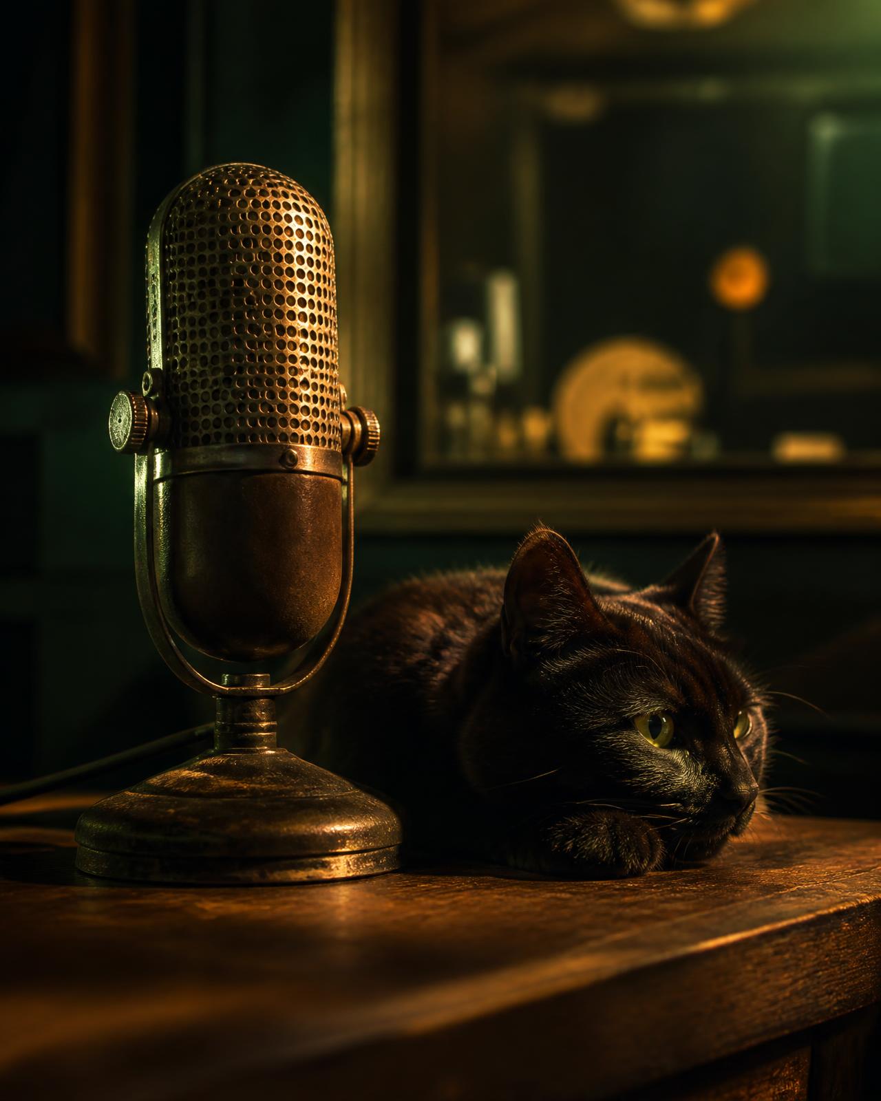Microfone de estúdio ao lado de um gato preto, ambiente do podcast