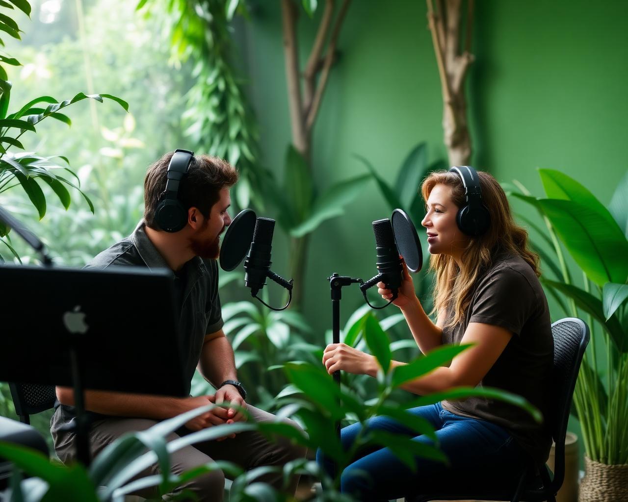 Gravação do podcast em um estúdio cercado por plantas